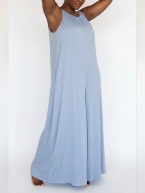 Lush Women Maxi Romper Sz S Lilac-Blue Satin Soft Lined Zip & Tie  Back Wide Leg